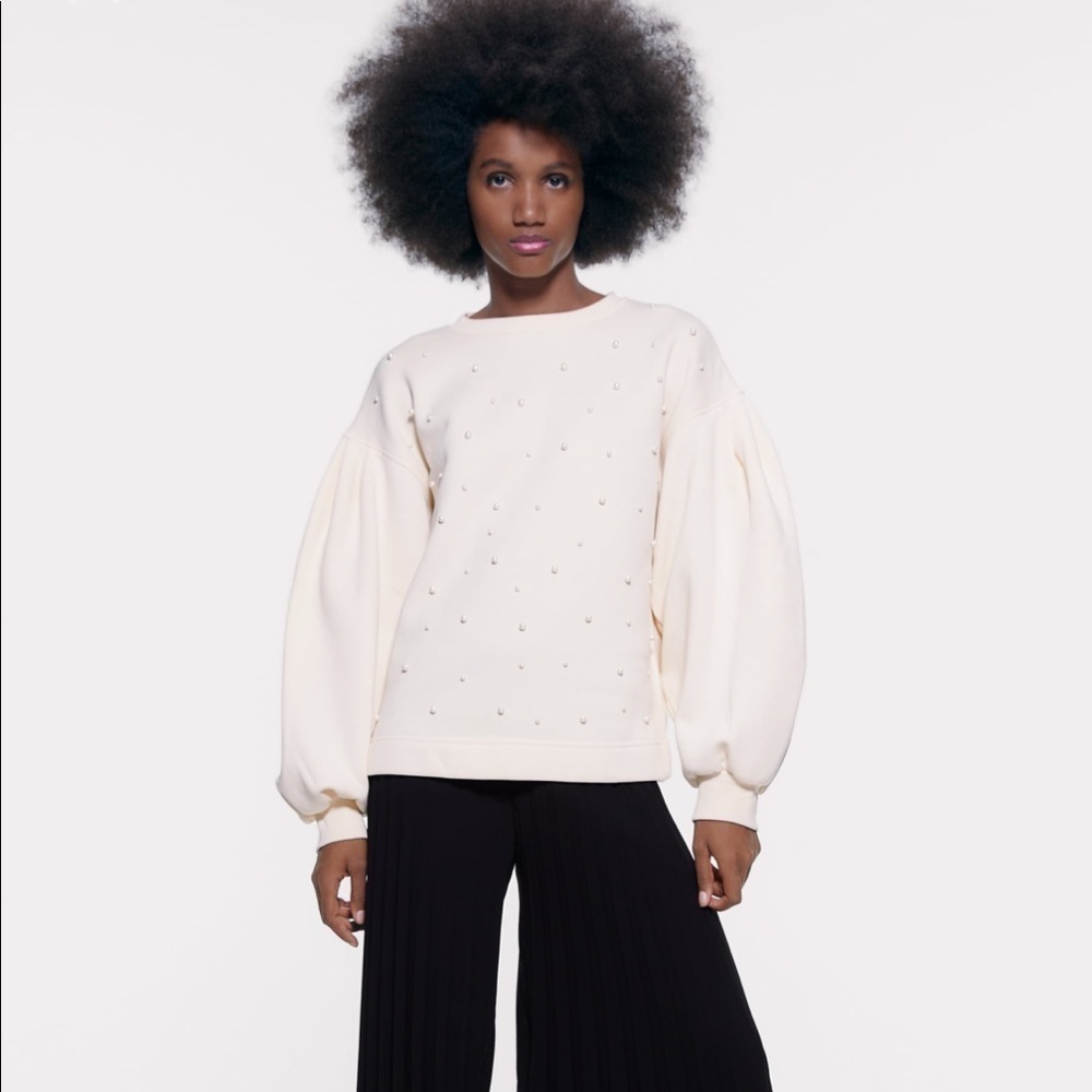 ZARA Balloon Sleeve Sweater with Faux Pearls BNWT